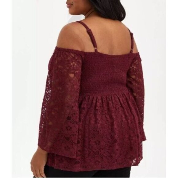 Torrid Top Womens 2X Burgundy Babydoll Lace Smocked Cold Shoulder Feminine - Picture 6 of 10